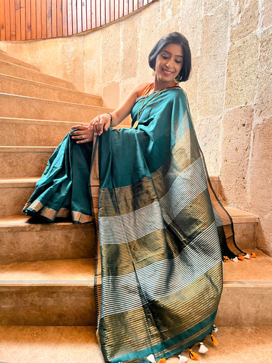 Bottle Green Khadi Cotton Saree
