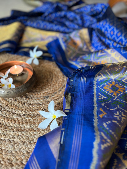 Magnetic Blue Rajkot Patola Single Ikat Mulberry Silk Saree