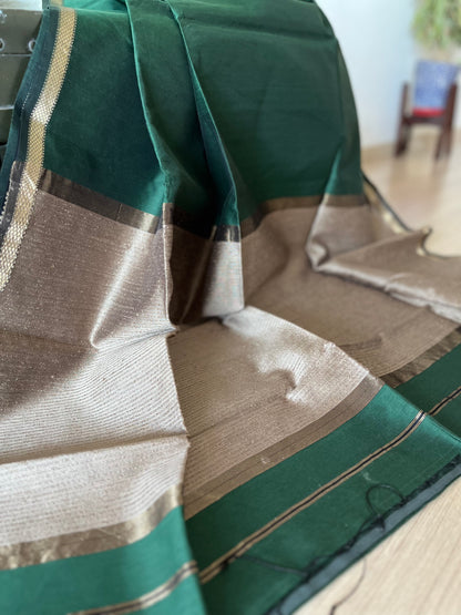 Bottle Green Thin Border Maheshwari Saree