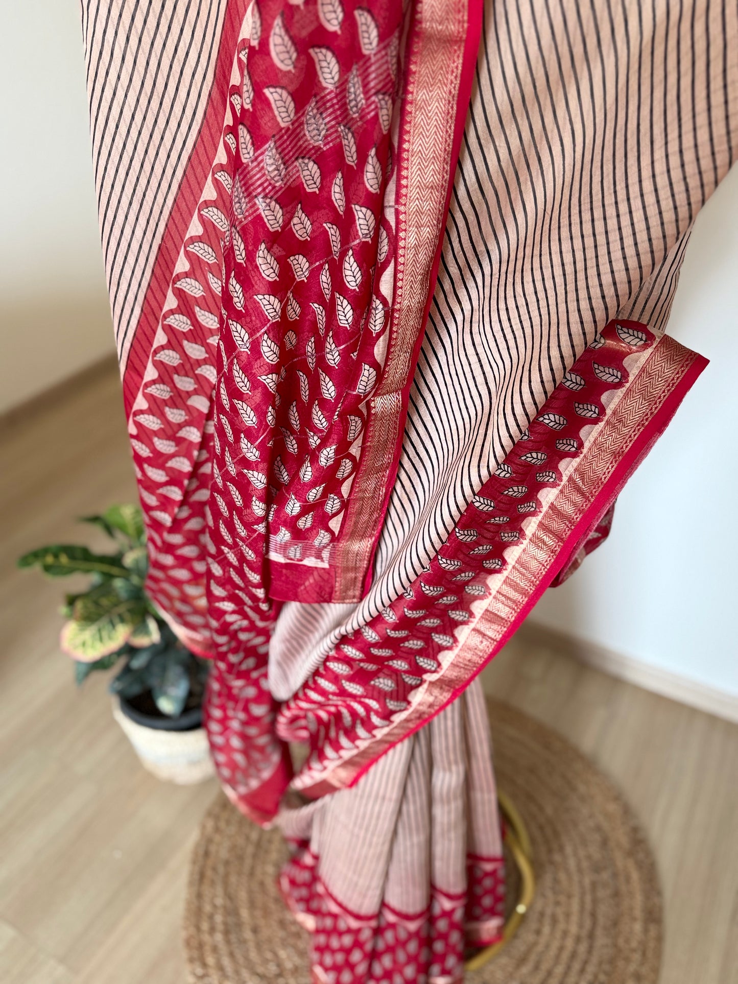 Black and Crimson Striped Cotton Silk Saree