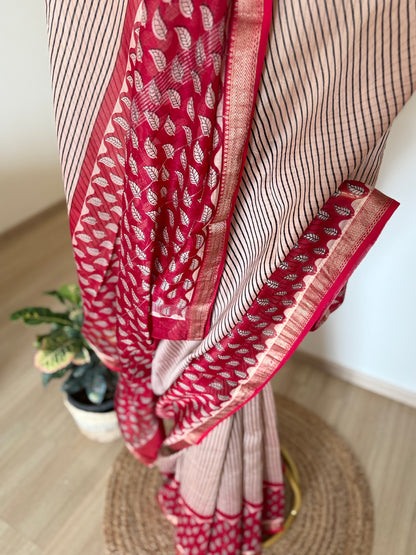 Black and Crimson Striped Cotton Silk Saree