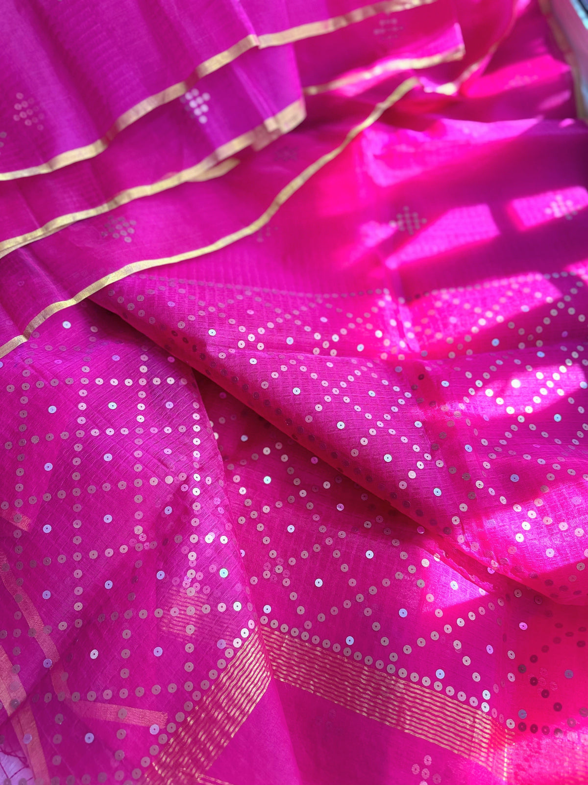Bougainvillea Pink Bailou Jamdani with Sequins