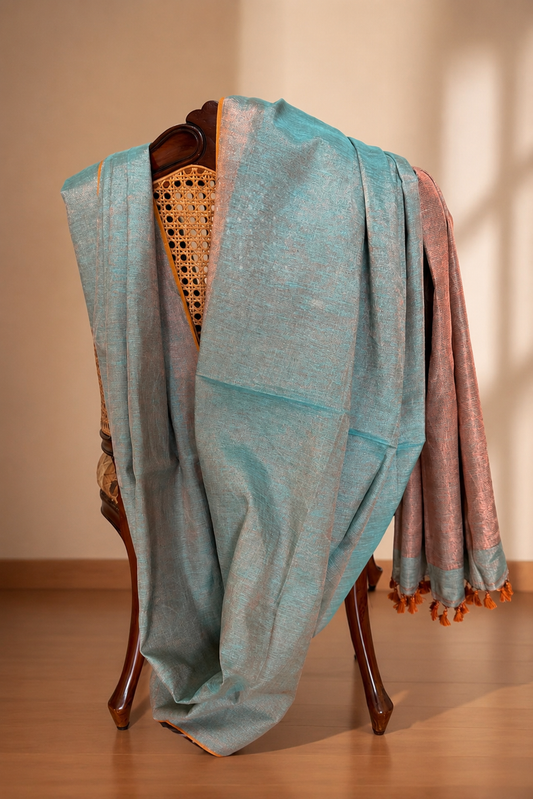 Aqua Blue Linen Tissue Saree