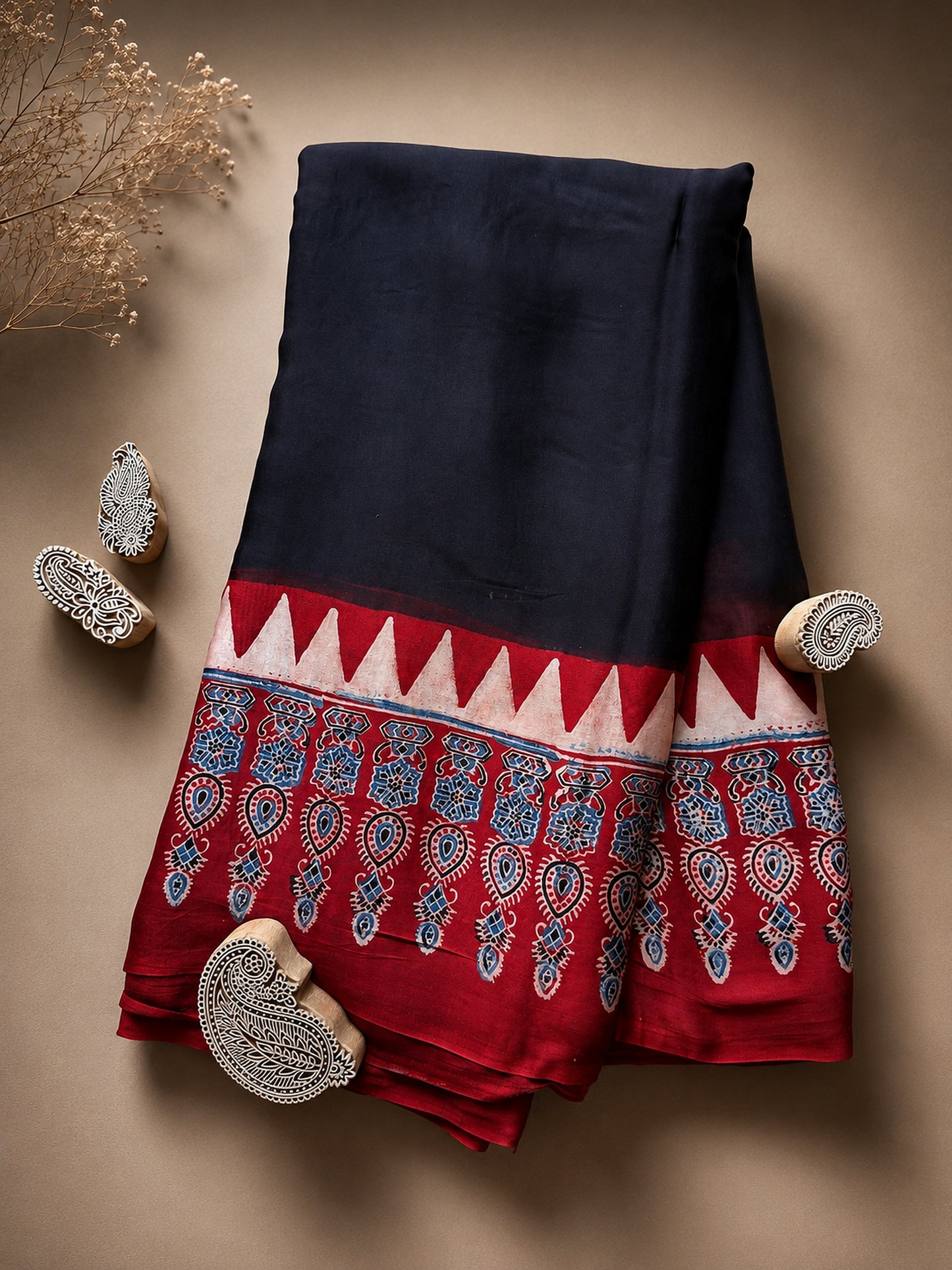 Black and Red Ajrakh Modal Silk Saree