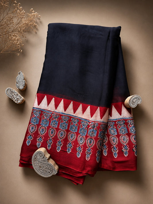 Black and Red Ajrakh Modal Silk Saree