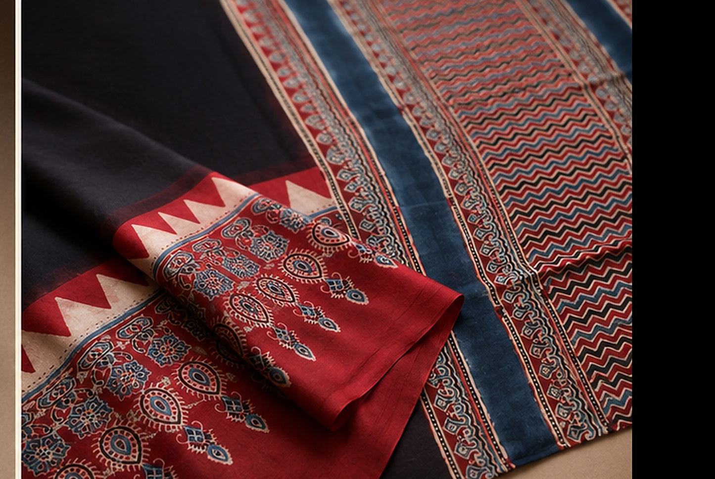 Black and Red Ajrakh Modal Silk Saree