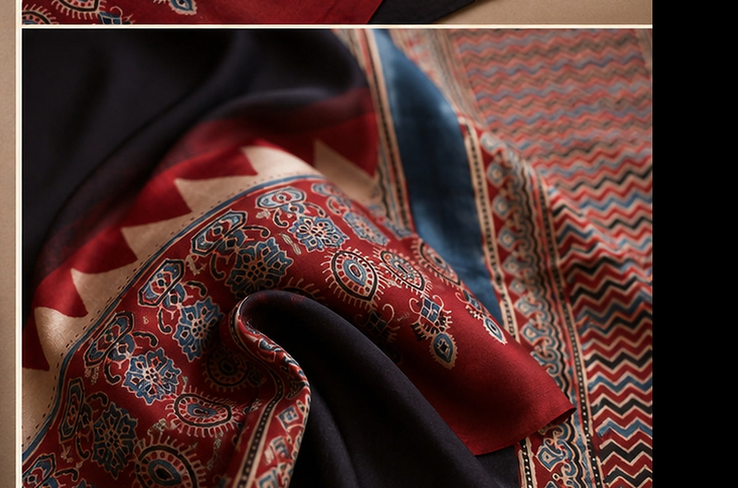 Black and Red Ajrakh Modal Silk Saree