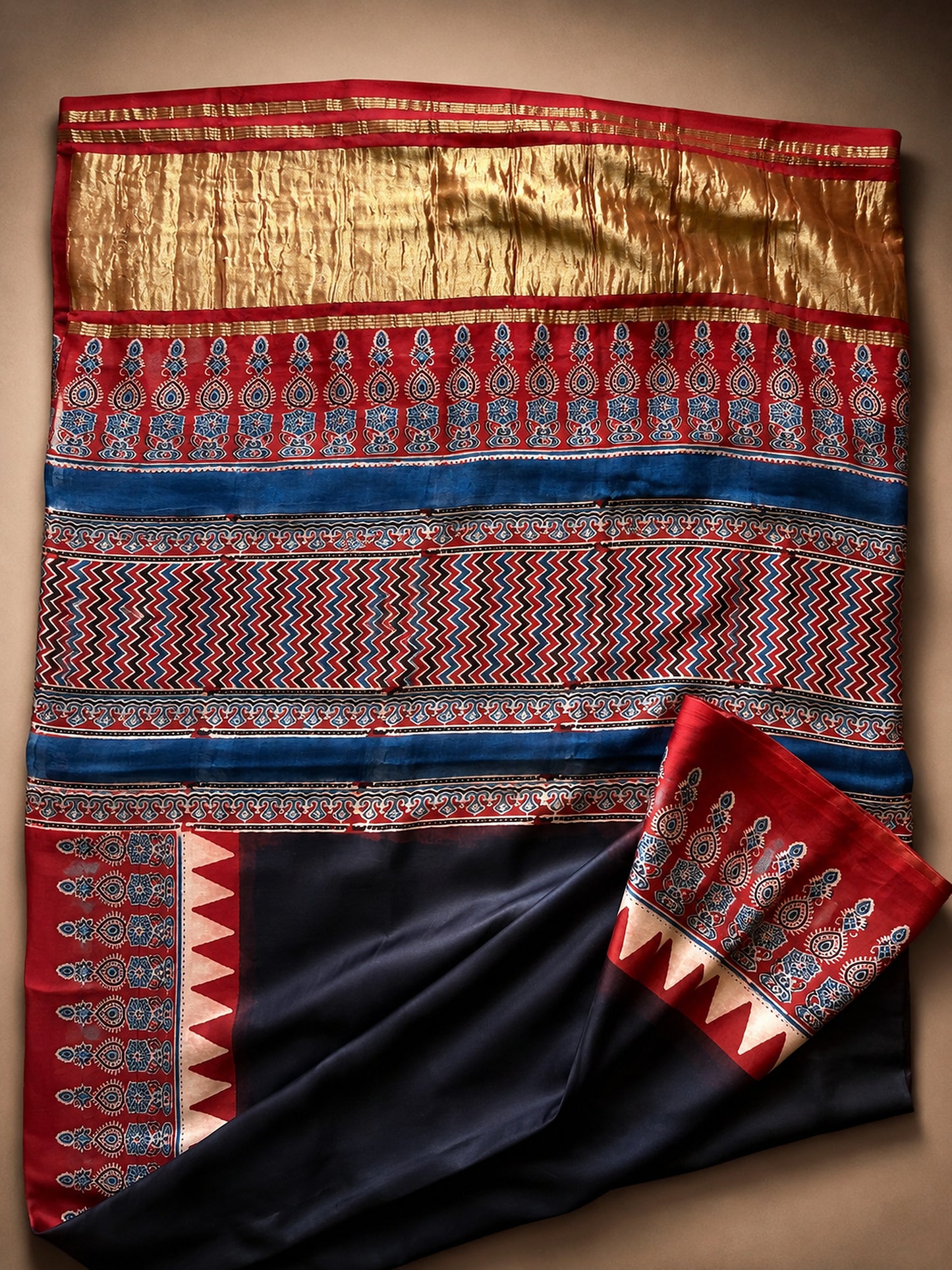 Black and Red Ajrakh Modal Silk Saree