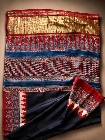Black and Red Ajrakh Modal Silk Saree