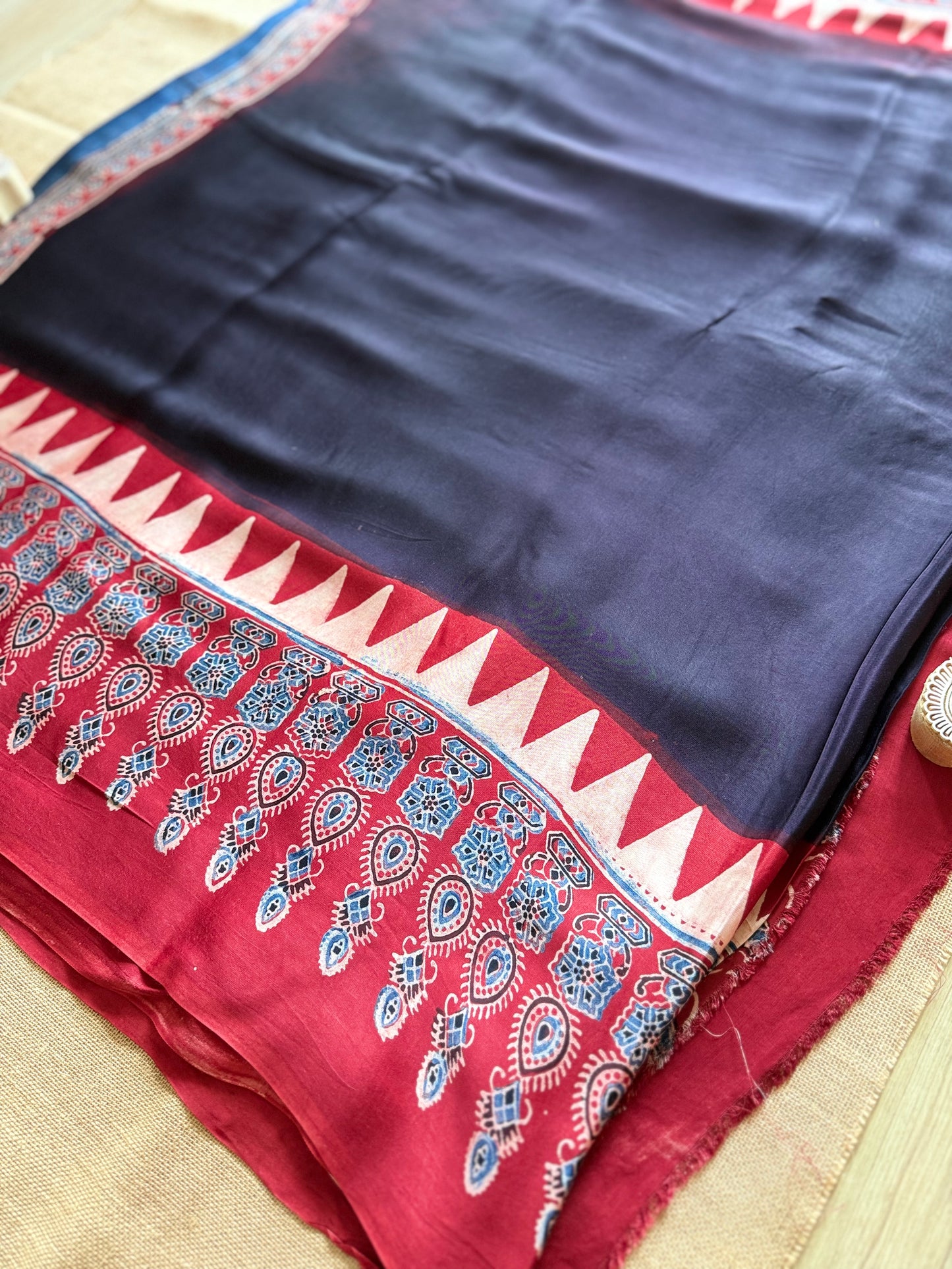 Black and Red Ajrakh Modal Silk Saree