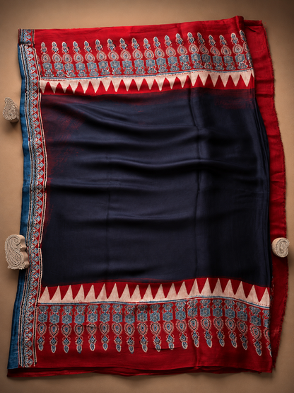 Black and Red Ajrakh Modal Silk Saree