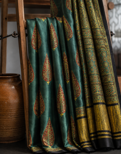 Green Leaf Motif Ajrakh Modal Silk Saree