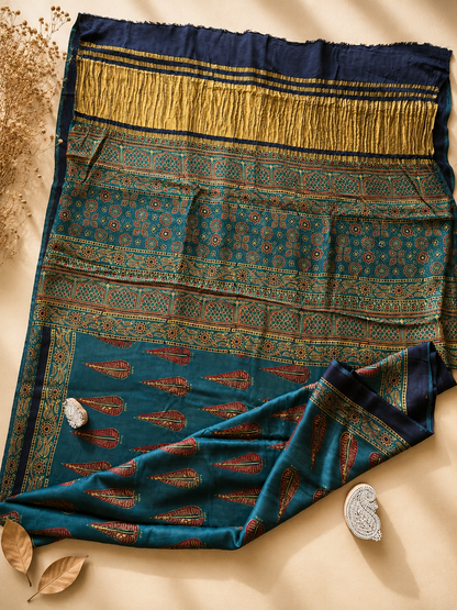 Green Leaf Motif Ajrakh Modal Silk Saree