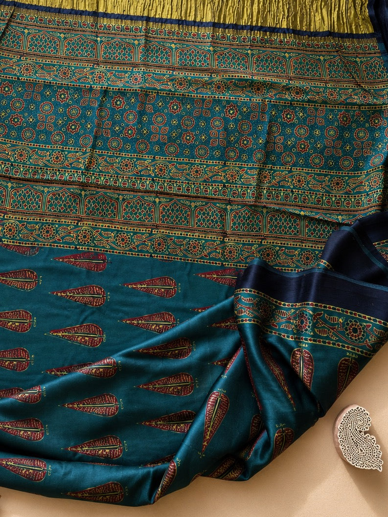 Green Leaf Motif Ajrakh Modal Silk Saree