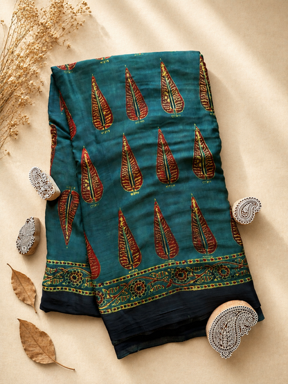 Green Leaf Motif Ajrakh Modal Silk Saree