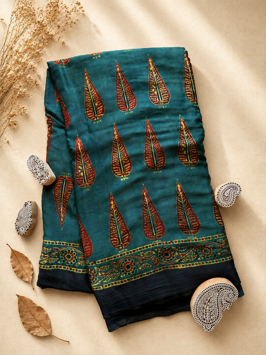 Green Leaf Motif Ajrakh Modal Silk Saree