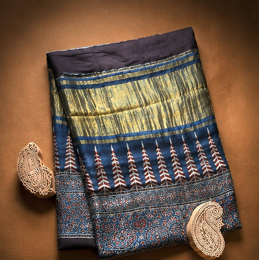 Indigo Geometric Ajrakh Print Modal Silk Saree