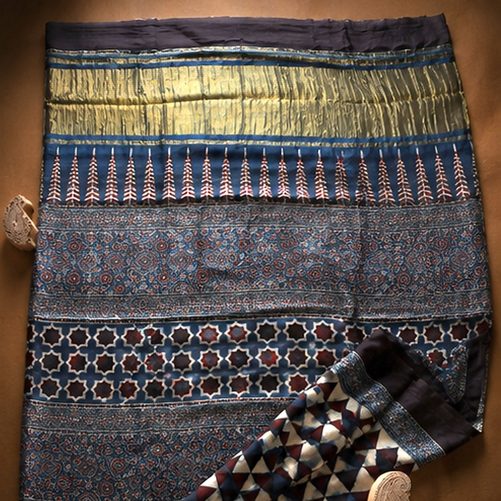 Indigo Geometric Ajrakh Print Modal Silk Saree