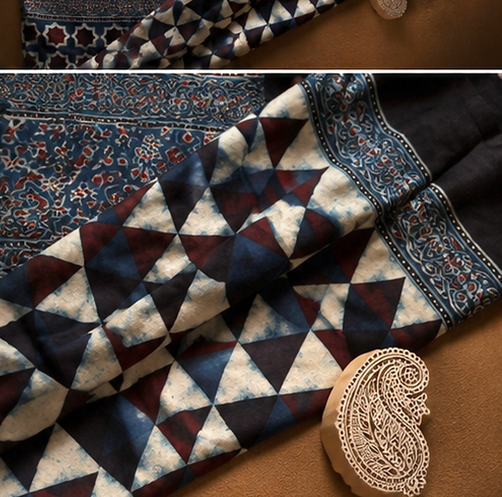Indigo Geometric Ajrakh Print Modal Silk Saree