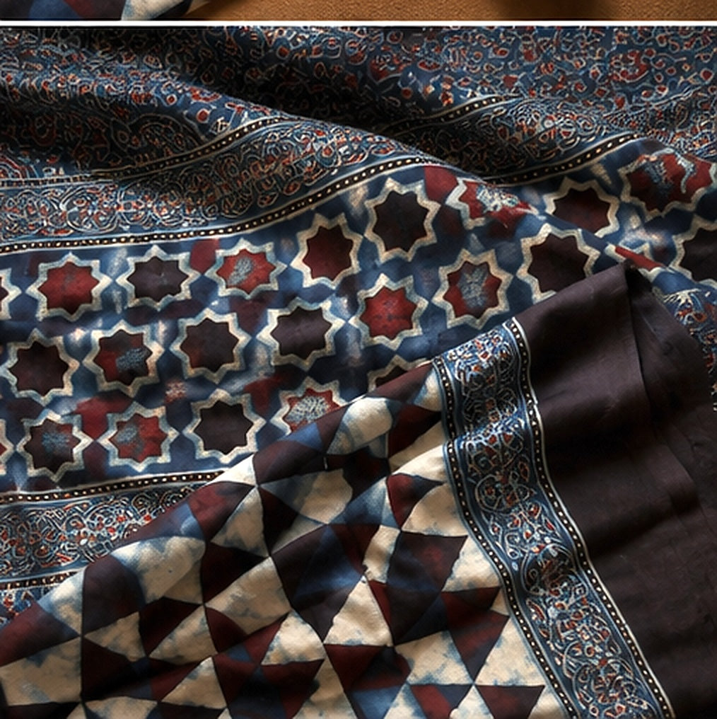Indigo Geometric Ajrakh Print Modal Silk Saree
