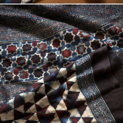 Indigo Geometric Ajrakh Print Modal Silk Saree