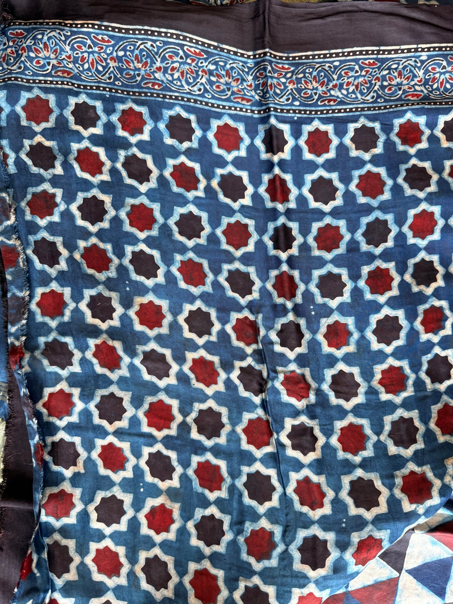 Indigo Geometric Ajrakh Print Modal Silk Saree