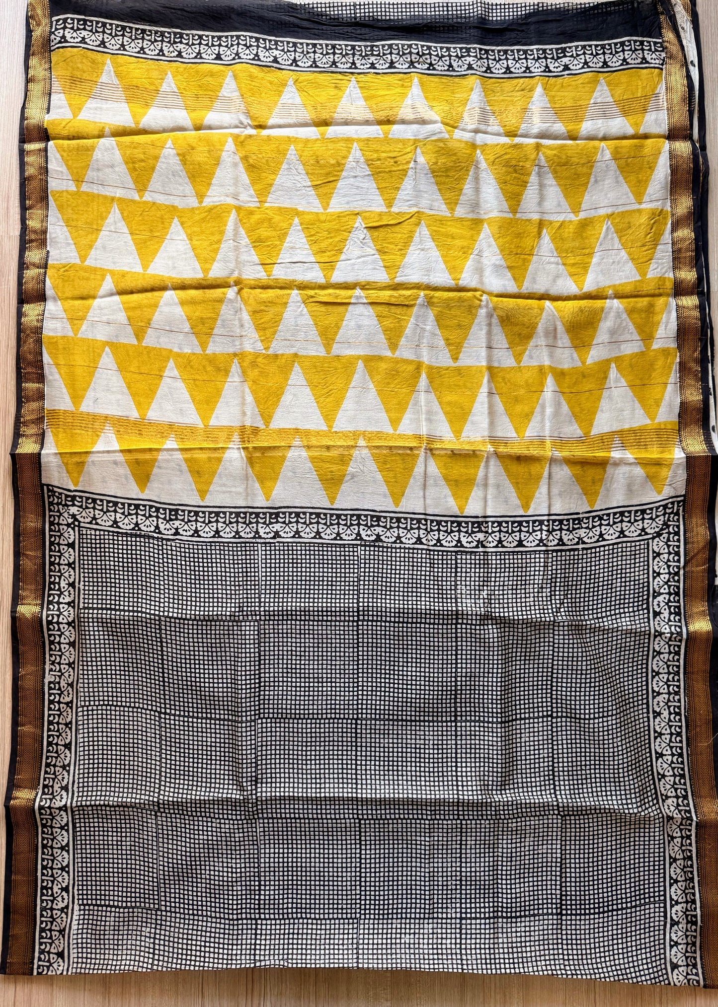 Black Checkered Bagru Cotton Silk Saree