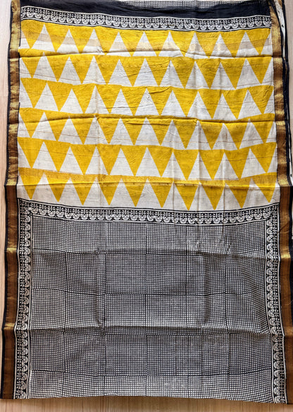 Black Checkered Bagru Cotton Silk Saree