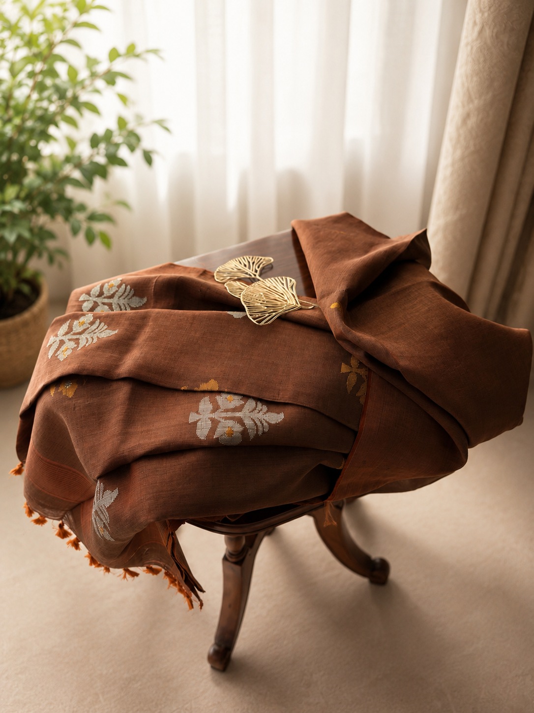 Deep Brown Linen Tissue Jamdani Saree