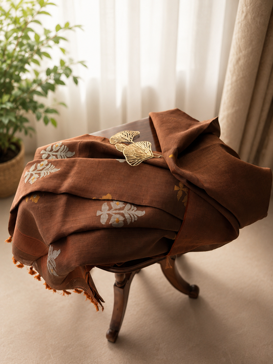 Deep Brown Linen Tissue Jamdani Saree