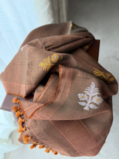 Deep Brown Linen Tissue Jamdani Saree