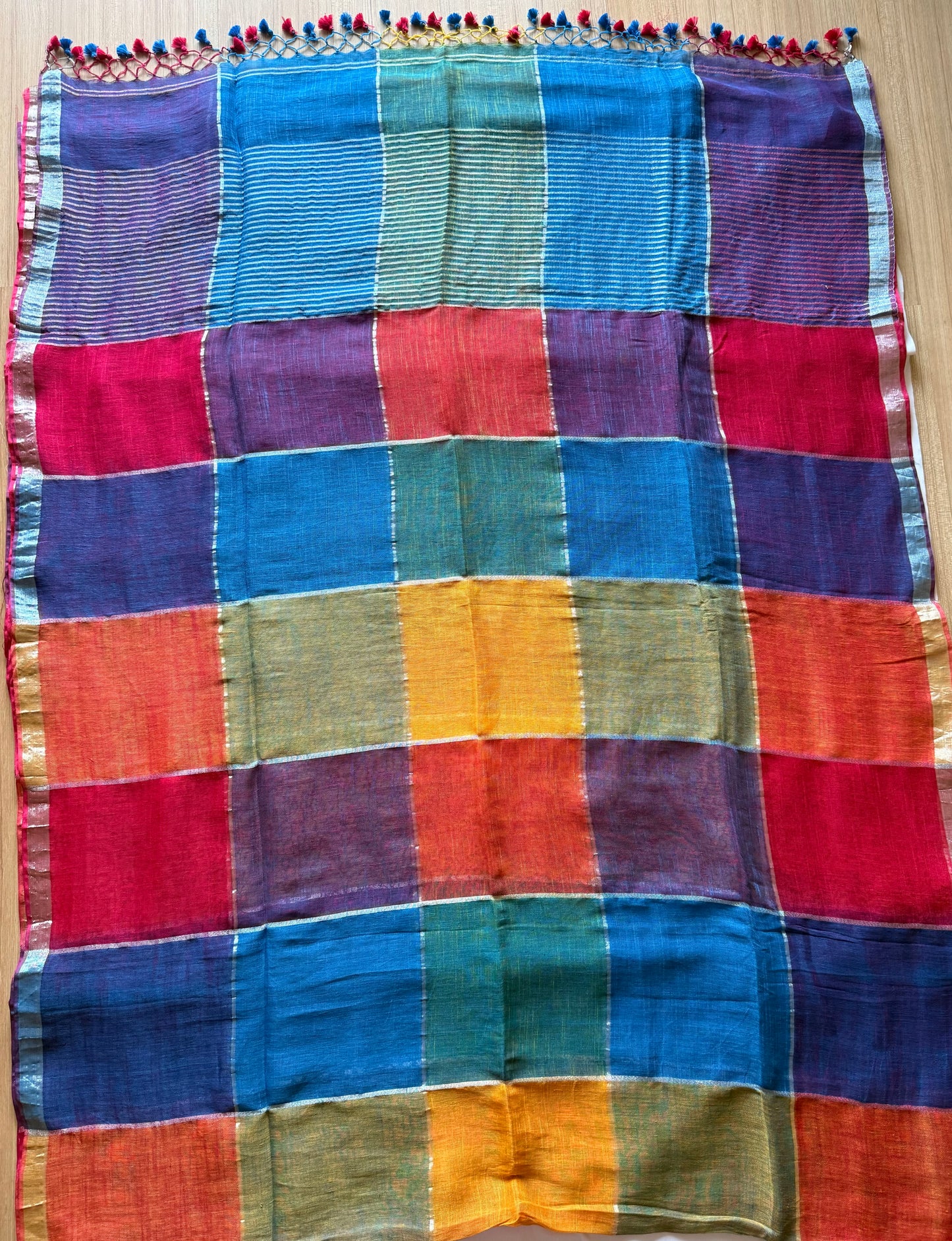 Red, Blue and Purple Linen Check Saree
