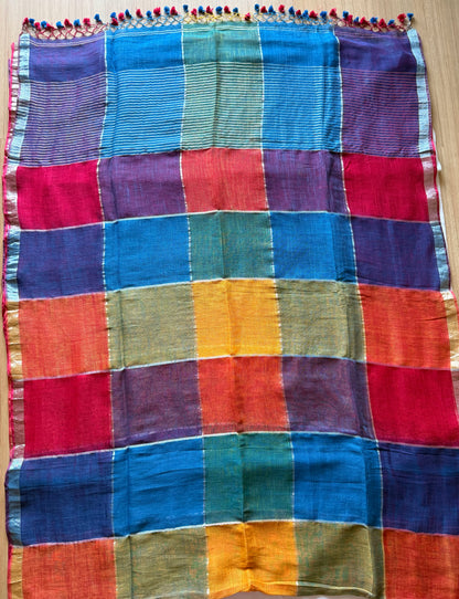 Red, Blue and Purple Linen Check Saree