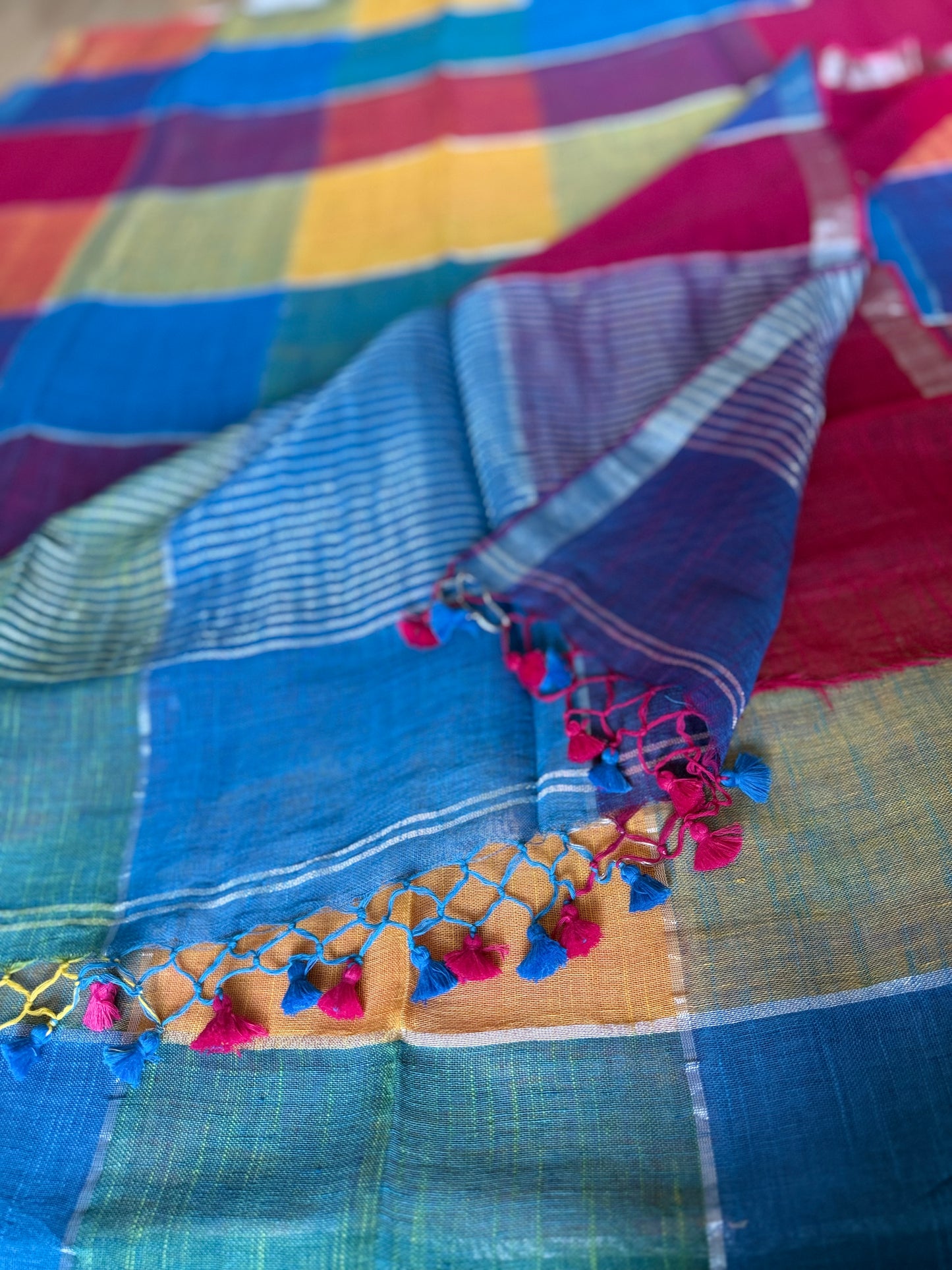 Red, Blue and Purple Linen Check Saree