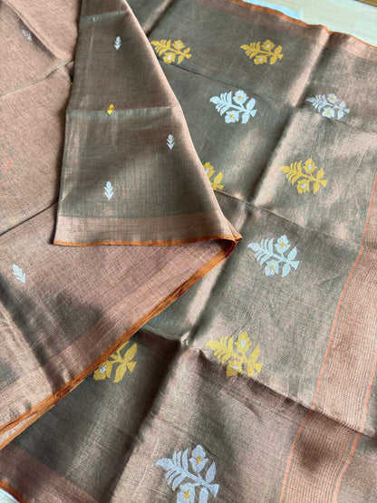 Deep Brown Linen Tissue Jamdani Saree