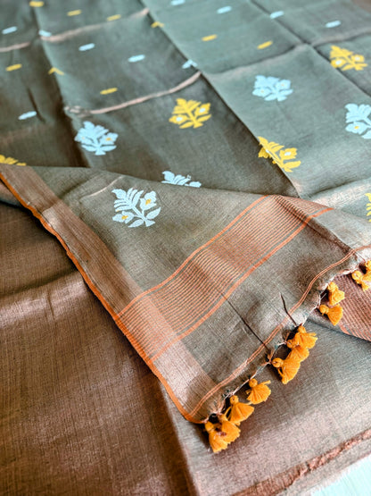 Deep Brown Linen Tissue Jamdani Saree