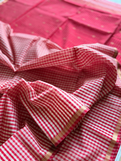 Red Checkered Maheshwari Saree