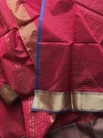 Maroon and Gold Checks Maheshwari Saree