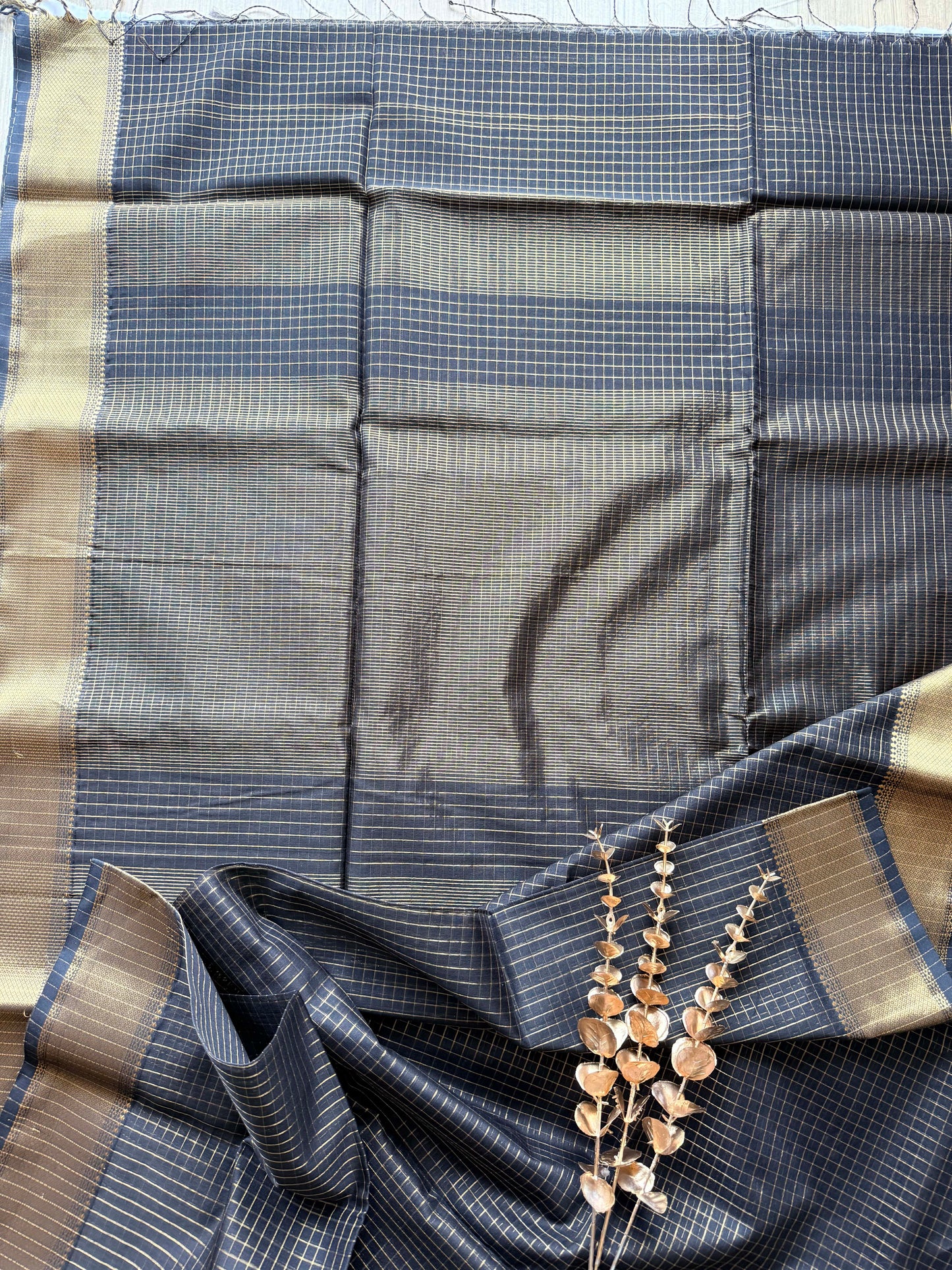 Black and Gold Checks Maheshwari Saree