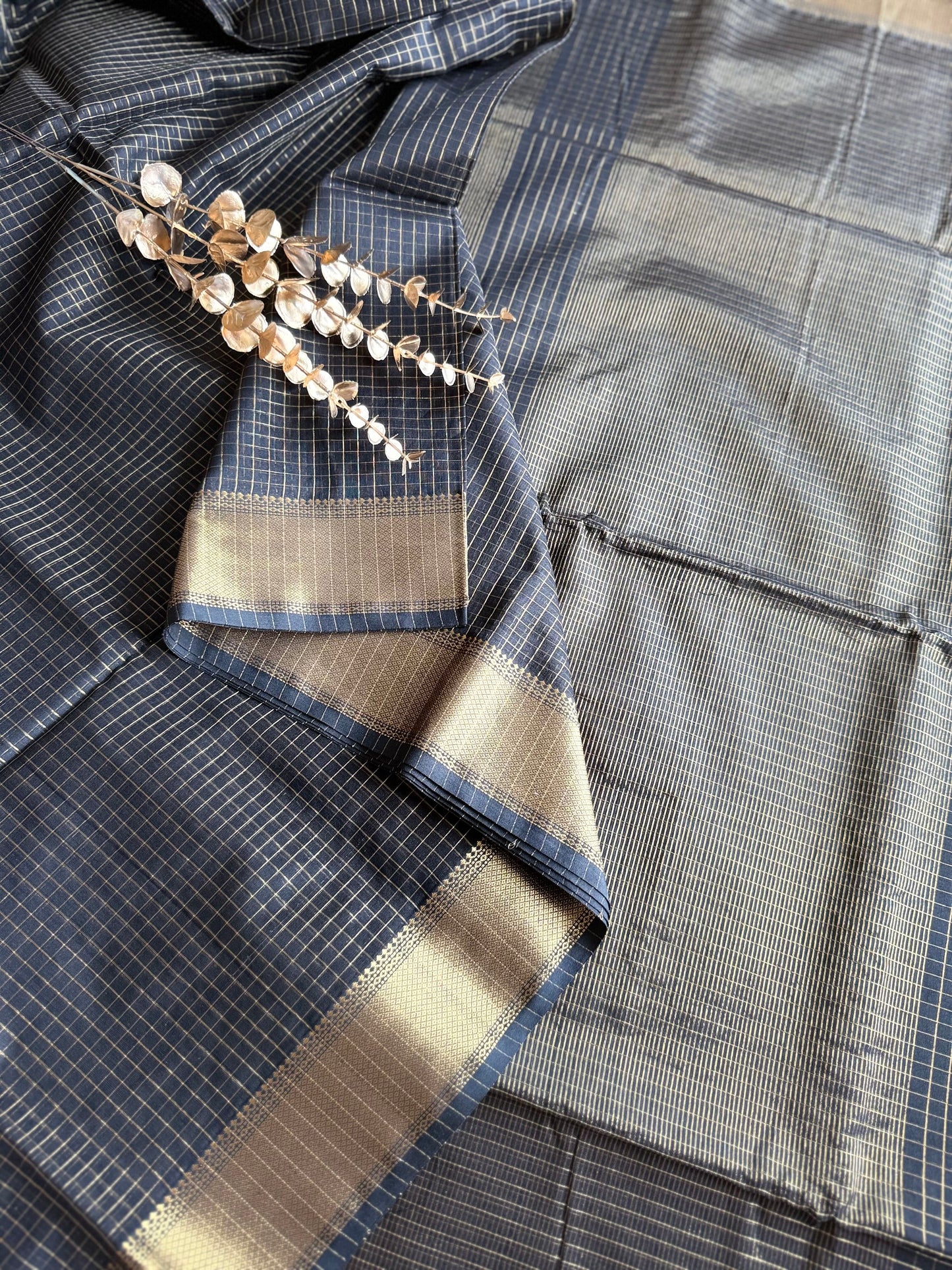 Black and Gold Checks Maheshwari Saree