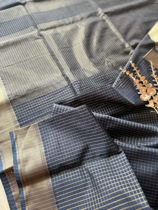 Black and Gold Checks Maheshwari Saree