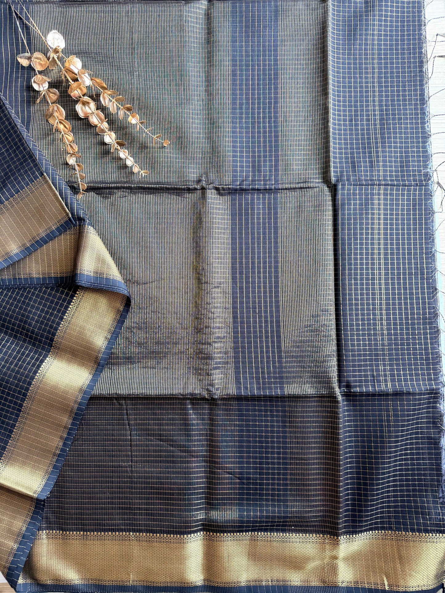 Black and Gold Checks Maheshwari Saree