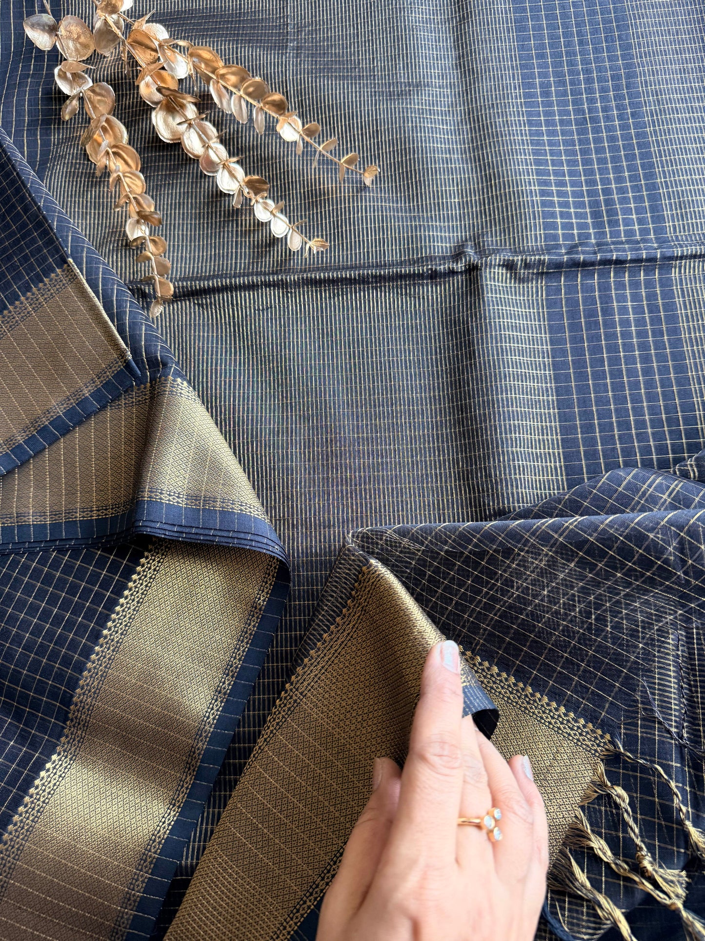 Black and Gold Checks Maheshwari Saree