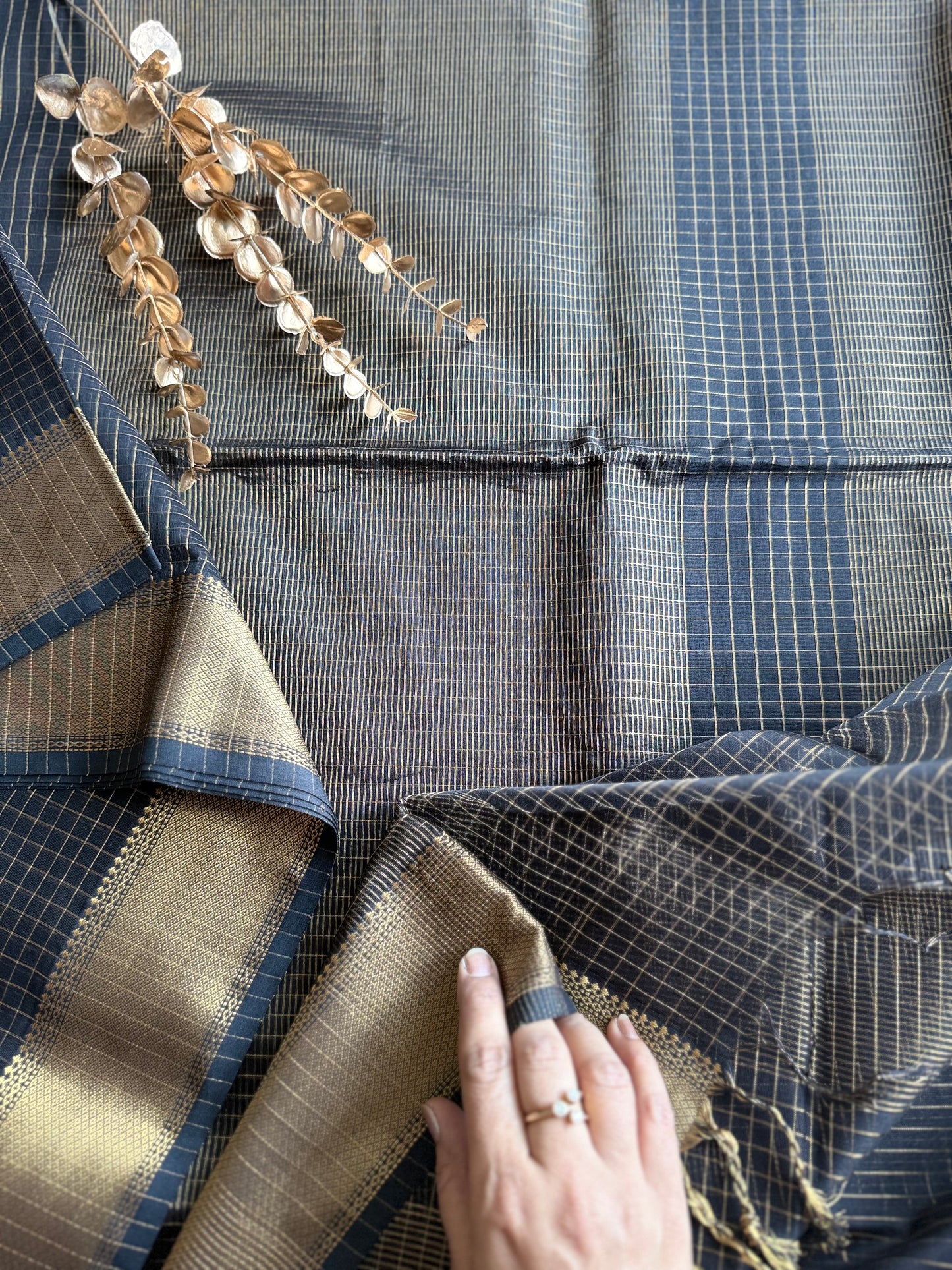 Black and Gold Checks Maheshwari Saree