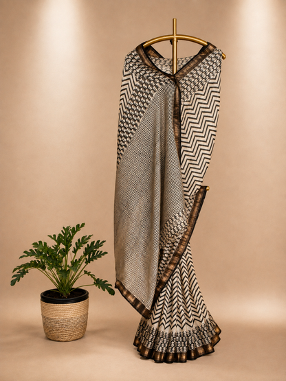 Black and White Chevron Cotton Silk Saree