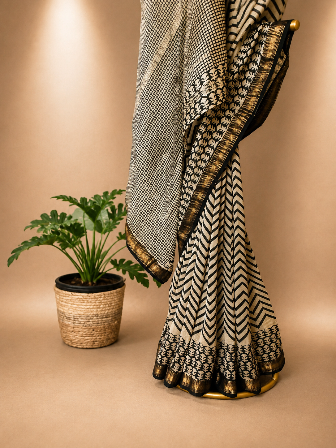 Black and White Chevron Cotton Silk Saree
