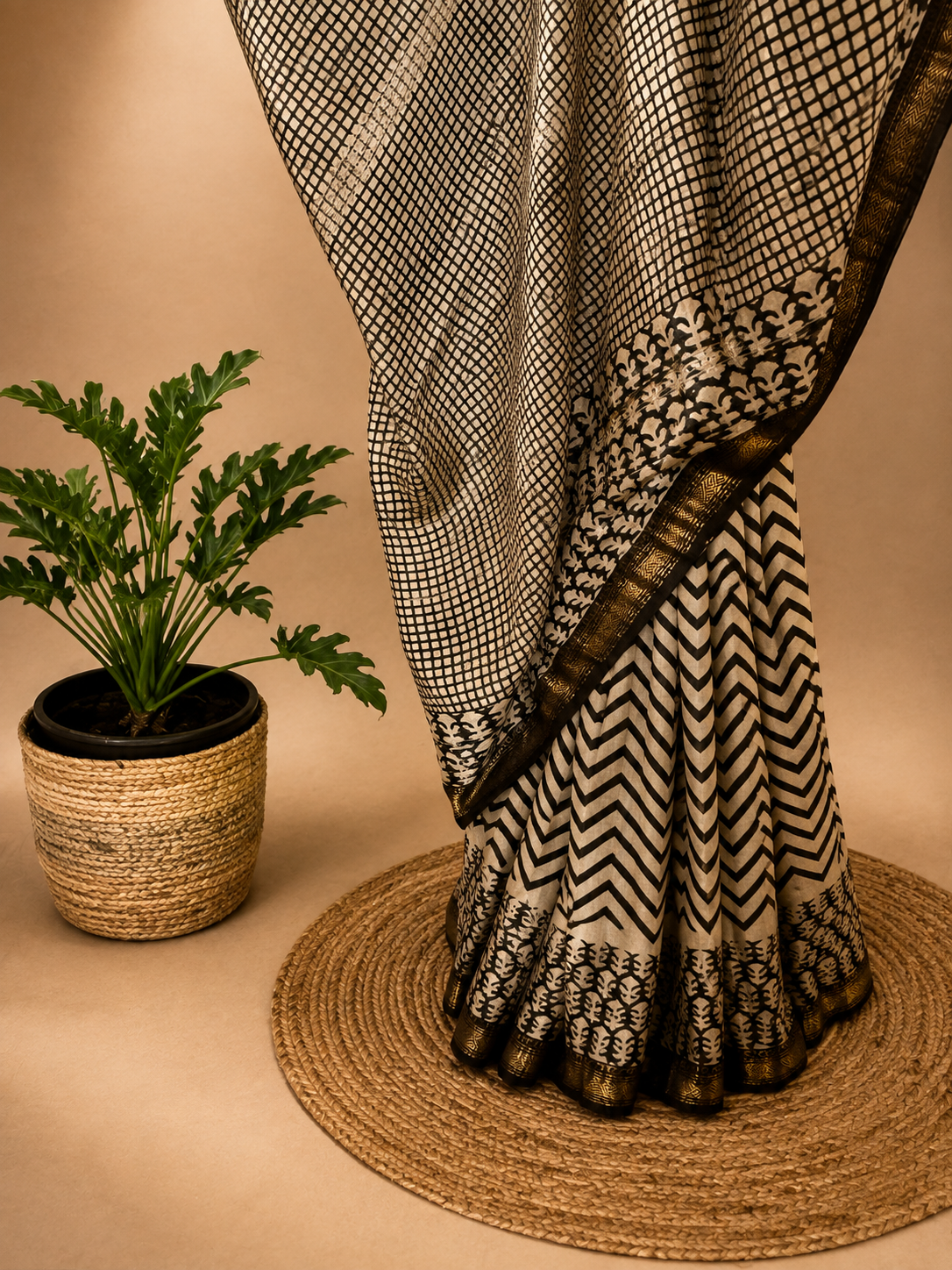 Black and White Chevron Cotton Silk Saree
