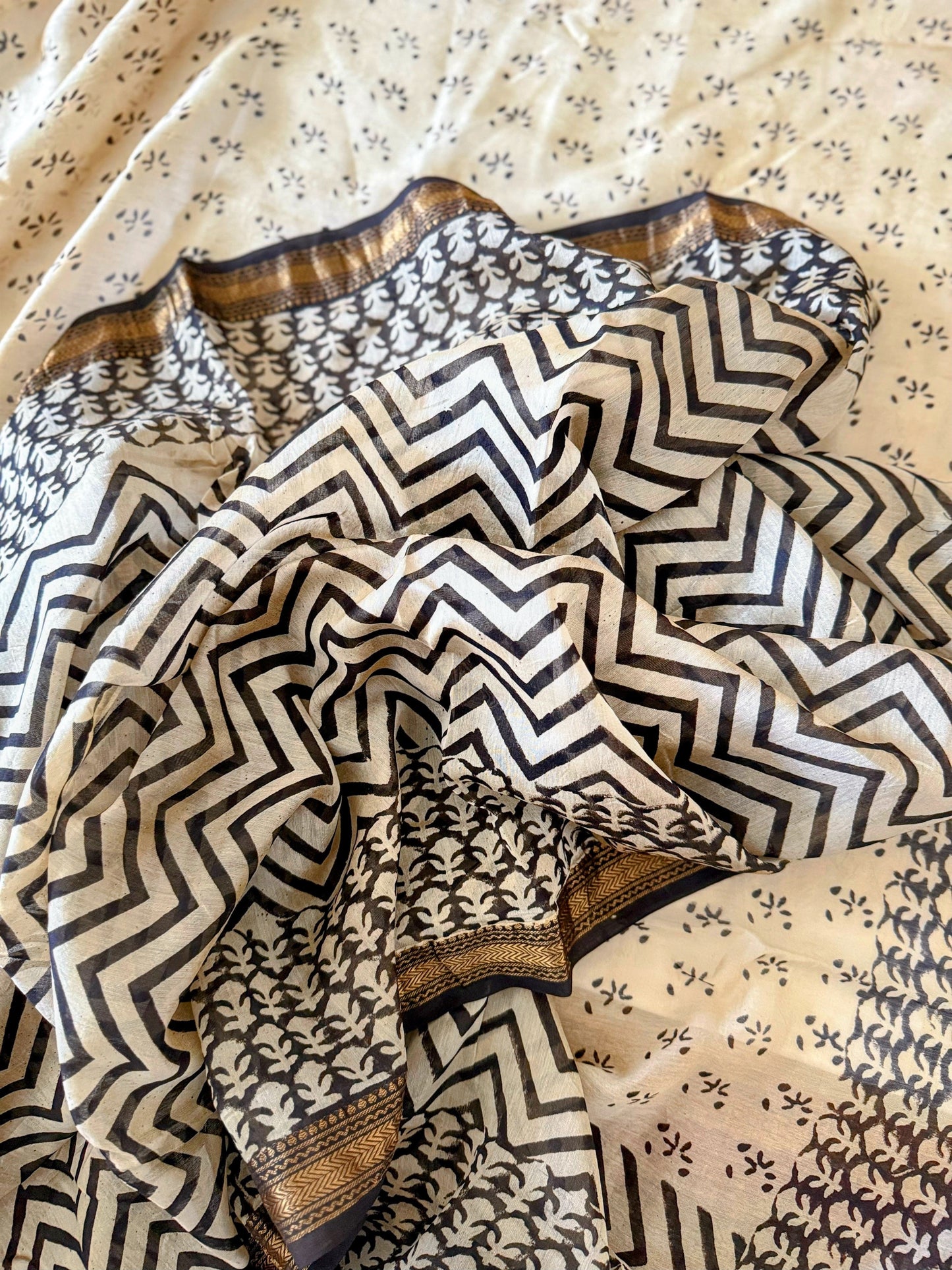 Black and White Chevron Cotton Silk Saree