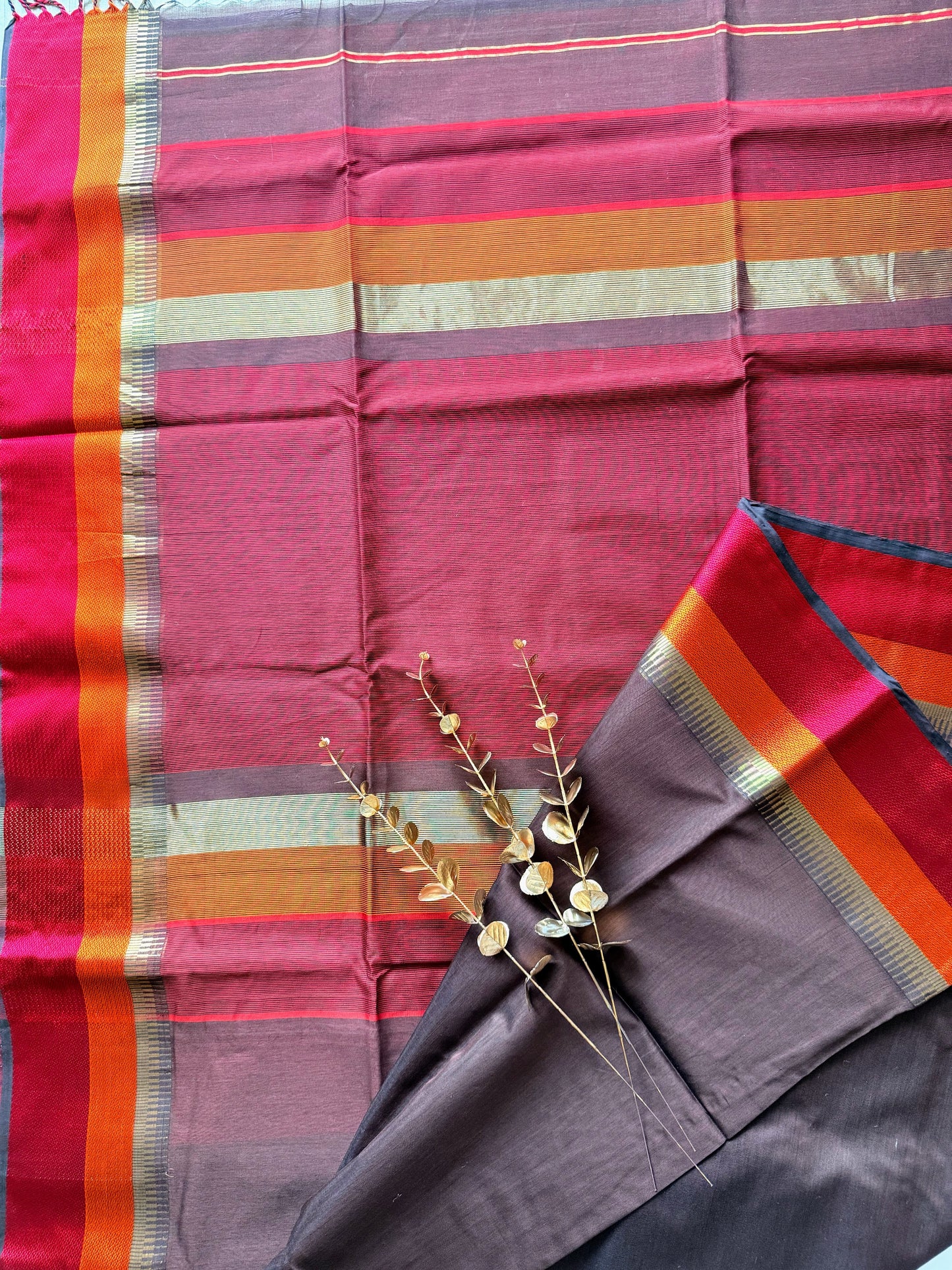 Coffee Brown Double Border Maheshwari Saree