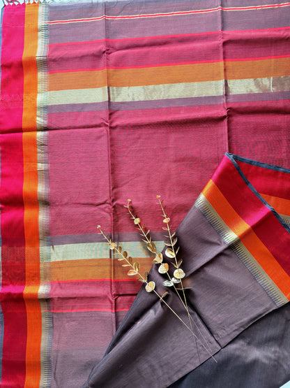 Coffee Brown Double Border Maheshwari Saree